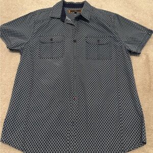 PD&C Blue Mens Medium Short-Sleeve Button-Down Shirt Navy Cotton Geometric Print